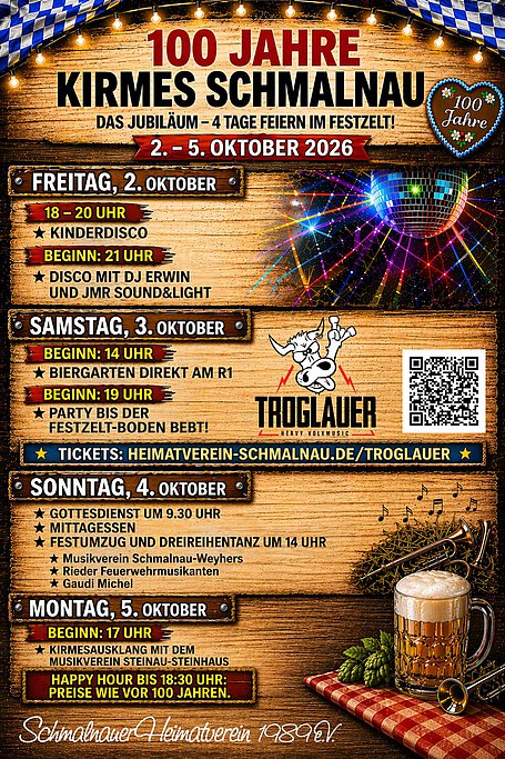 Ein Plakat der Kirmes Schmalnau 2026 - 02.-05.10.2026 im Festzelt 