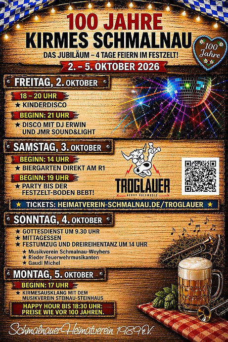 Ein Plakat der Kirmes Schmalnau 2026 - 02.-05.10.2026 im Festzelt 