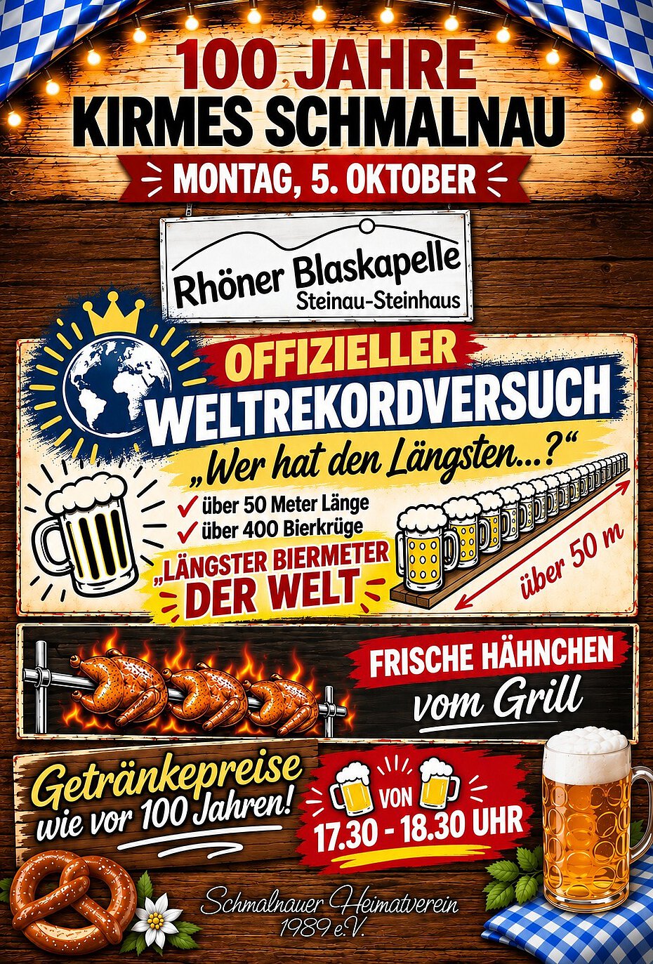 Ein Plakat des Kirmeshighlights am Montag - Weltrekordversuch bei der Kirmes Schmalnau