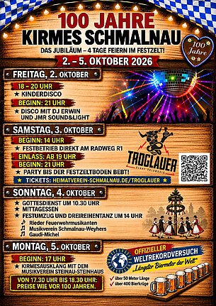 Ein Plakat der Kirmes Schmalnau 2026 - 02.-05.10.2026 im Festzelt 